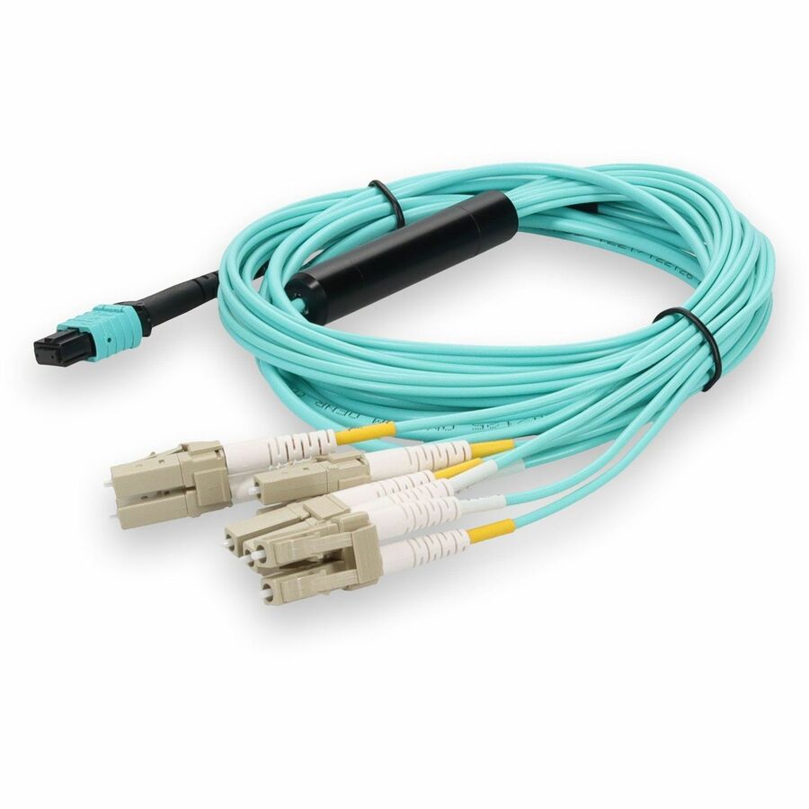AddOn 10m MPO/UPC to 4xLC Duplex (8xLC)/UPC Aqua OM3 OFNR (Riser-Rated) 8-Strand Fiber Fanout Cable, MMF (Multi Mode), 50/125