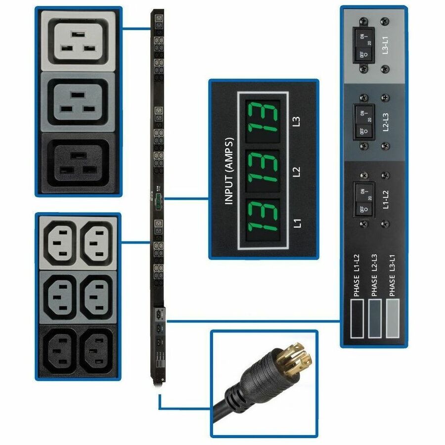 Tripp Lite by Eaton PDU 3-Phase Local Metered PDU 8.6 kW 45 208V outlets (36 C13 9 C19) 6 ft. (1.83 m) NEMA L21-30P Input connection TAA Compliant