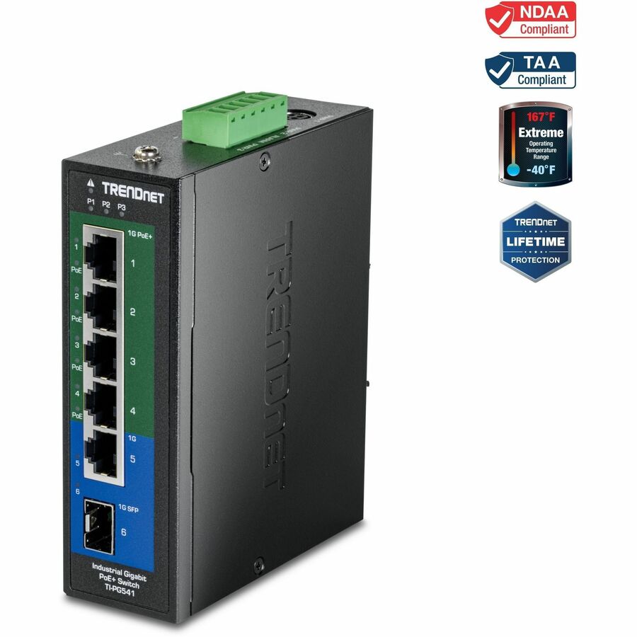 TRENDnet 6-Port Industrial Gigabit PoE+ DIN-Rail Switch, TI-PG541, Ethernet Splitter, 120W PoE Budget, 12Gbps, NDAA & TAA Compliant, IP50 Rated, Lifetime Manufacturer Protection