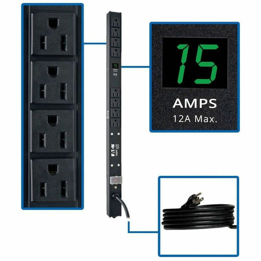 Tripp Lite by Eaton PDU 1.5kW Single-Phase Local Metered PDU 100-127V Outlets (8 5-15R) 5-15P 15 ft. (4.57 m) Cord 0U Vertical 24 in.