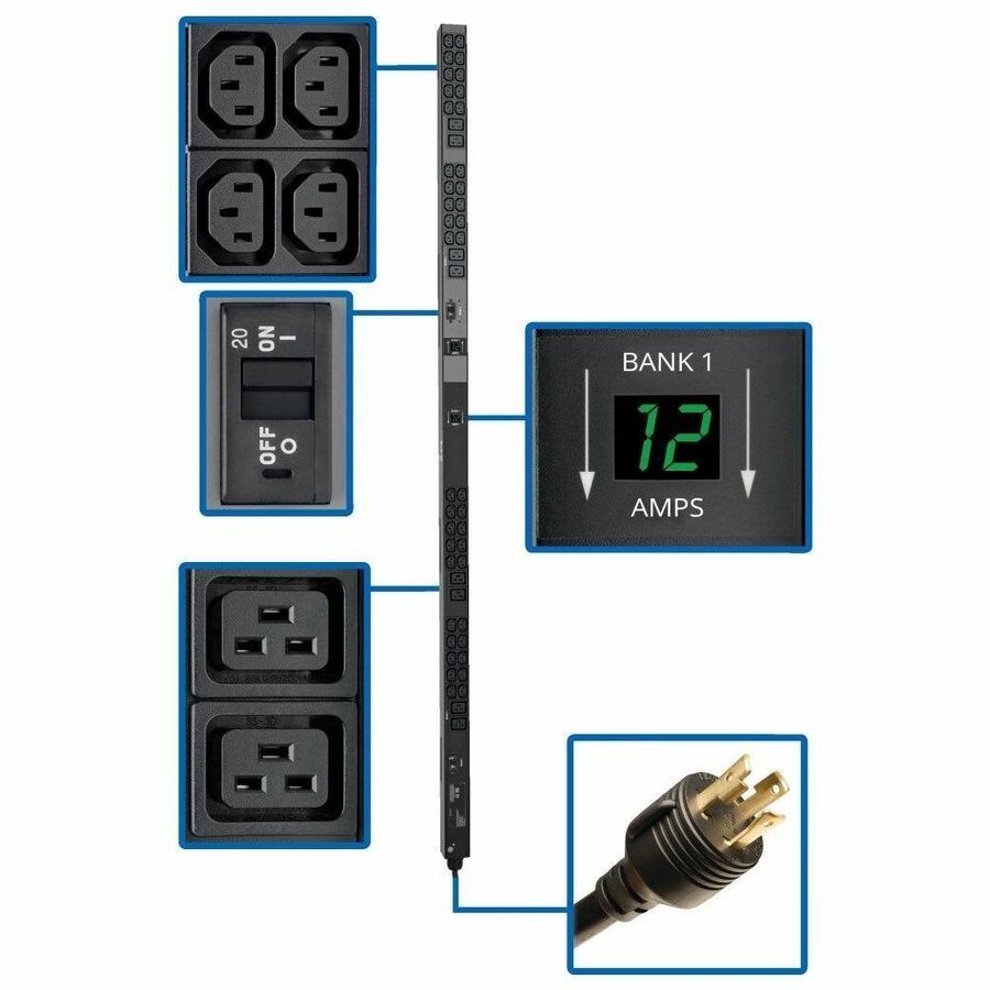 Tripp Lite by Eaton PDU 5.8kW Single-Phase Local Metered PDU 200-240V Outlets (8 C19 and 40 C13) L6-30P 10 ft. (3.05 m) Cord 0U Vertical TAA 70 in.