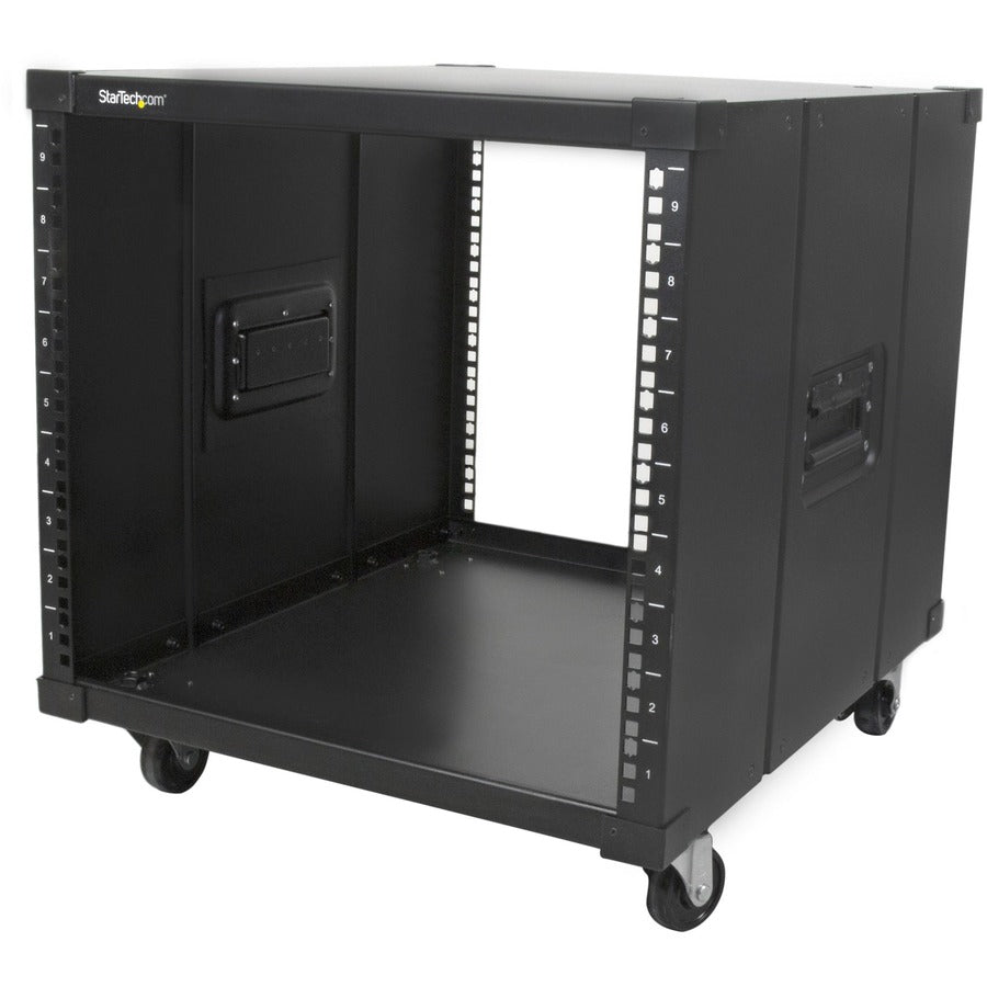 StarTech 4-Post 9U Mobile Open Frame Server Rack, 19" Network Rolling Rack for Narrow Spaces, Small Data Rack with Casters, TAA