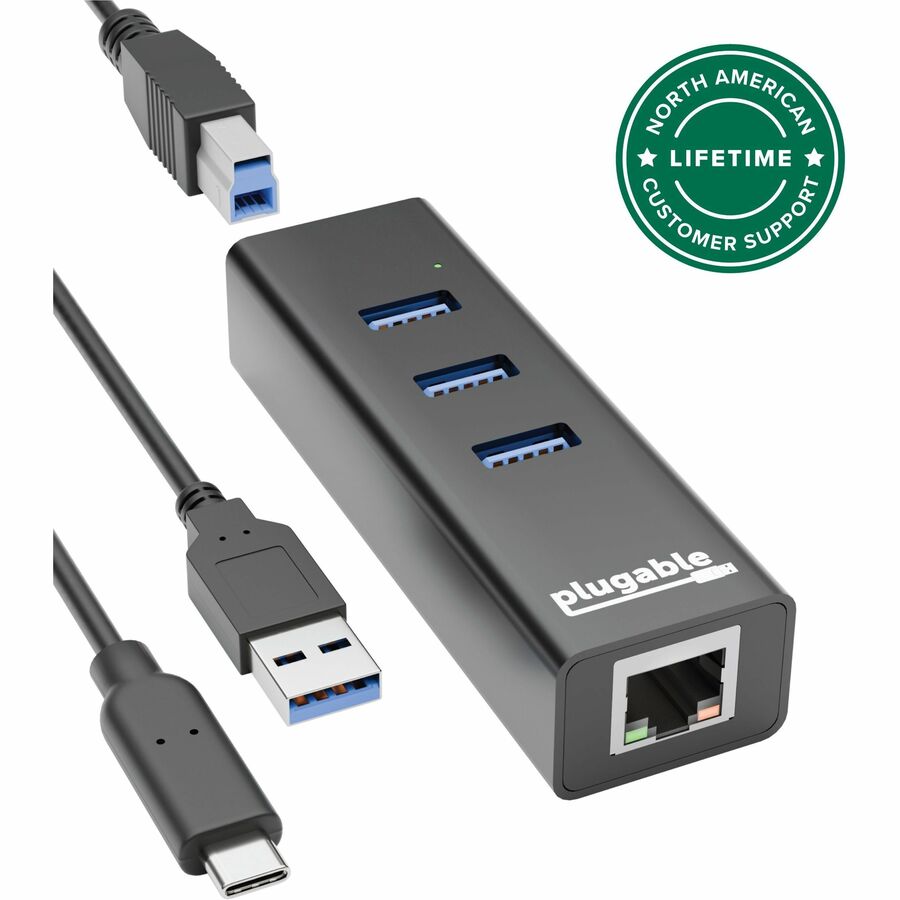 Plugable 3-Port USB 3.0 Hub with Gigabit Ethernet | Compatible with Windows, macOS, Linux, and ChromeOS