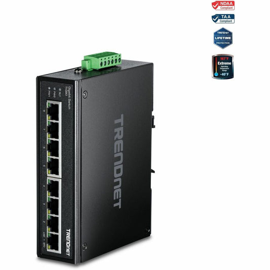 TRENDnet 8-Port Industrial Gigabit Ethernet DIN-Rail Switch, TI-G80, 8 x Gigabit Ethernet Ports, IP50 Rated, 16Gbps Switching Capacity, NDAA TAA Compliant, Lifetime Protection