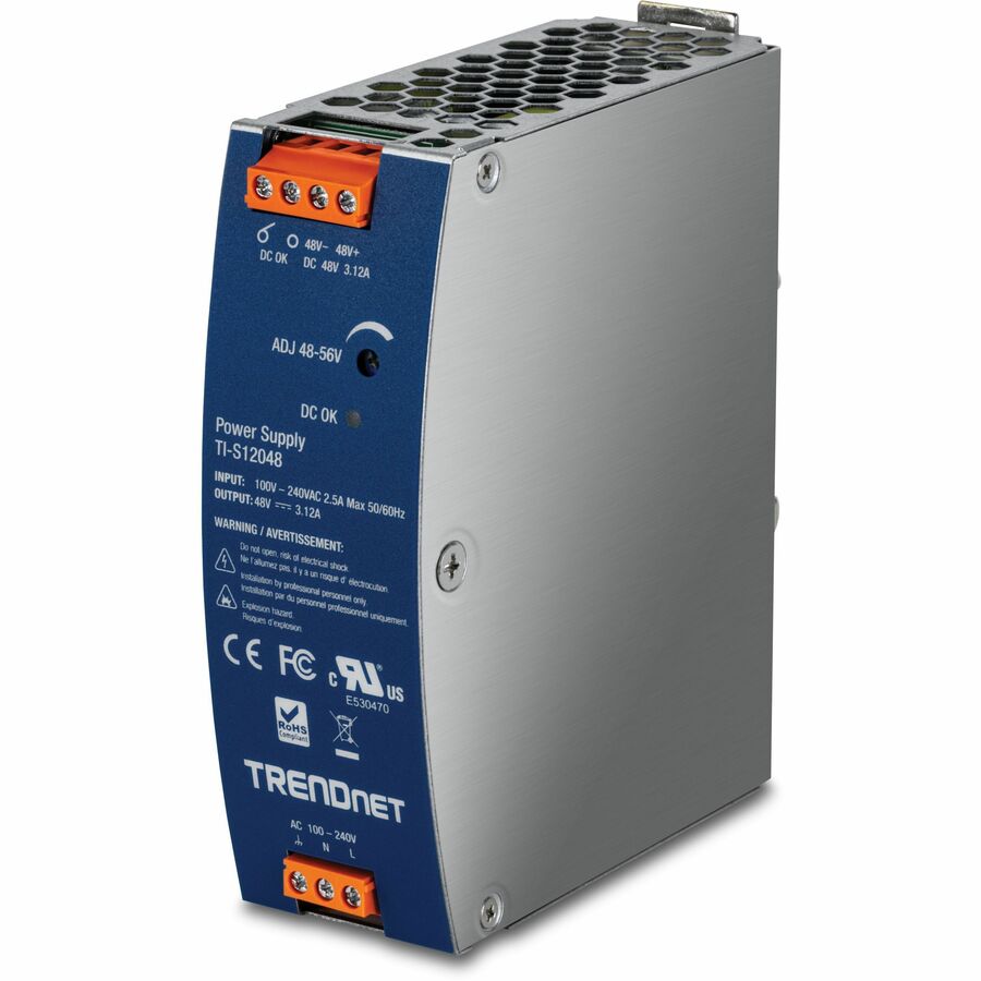 TRENDnet 150W, 48 - 56V DC, 3.12A AC to DC DIN-Rail Power Supply with PFC Function, TI-S12048, 150% Peak Load Capability, UL 62368 Certified
