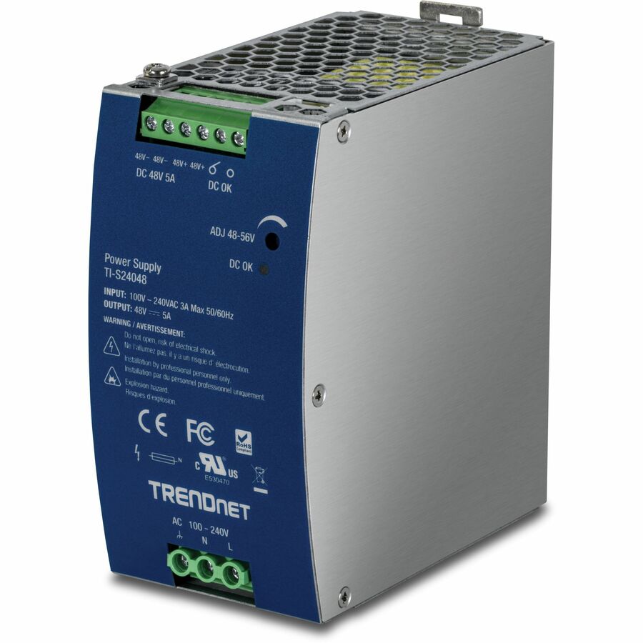 TRENDnet 240W, 48 - 56V DC, 5A AC to DC DIN-Rail Power Supply with PFC Function, TI-S24048, 150% Peak Load Capability, UL 62368 Certified