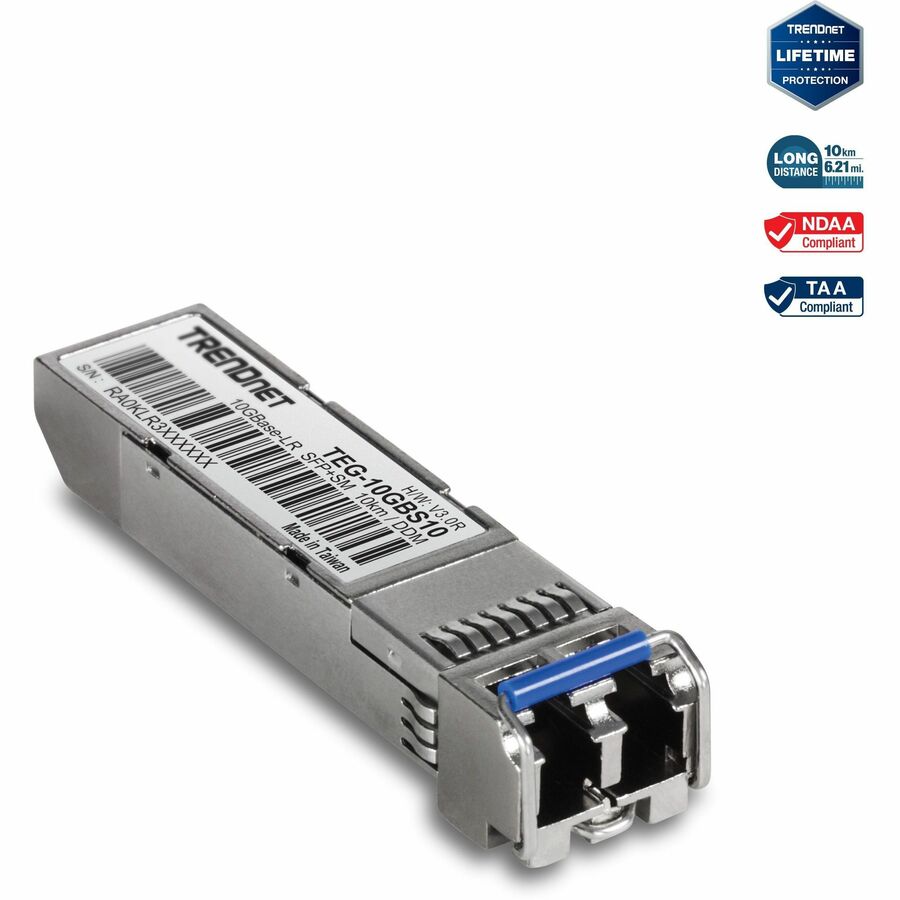TRENDnet SFP to RJ45 10GBASE-LR SFP+ Single Mode LC Module; TEG-10GBS10; Up to 10 km (6.2 Miles); Hot Pluggable SFP Transceiver; Duplex LC Connector; 1310nm; 3.3V Power Supply; Lifetime Protection