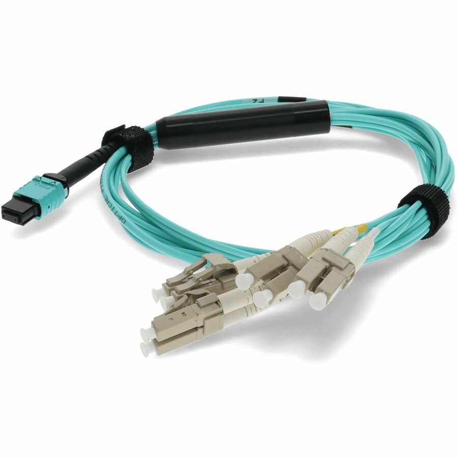 AddOn 10m MPO/UPC to 4xLC/UPC Duplex Aqua OM4 OFNR (Riser-Rated) 8-Strand Fiber Fanout Cable, MMF (Multi Mode), 50/125
