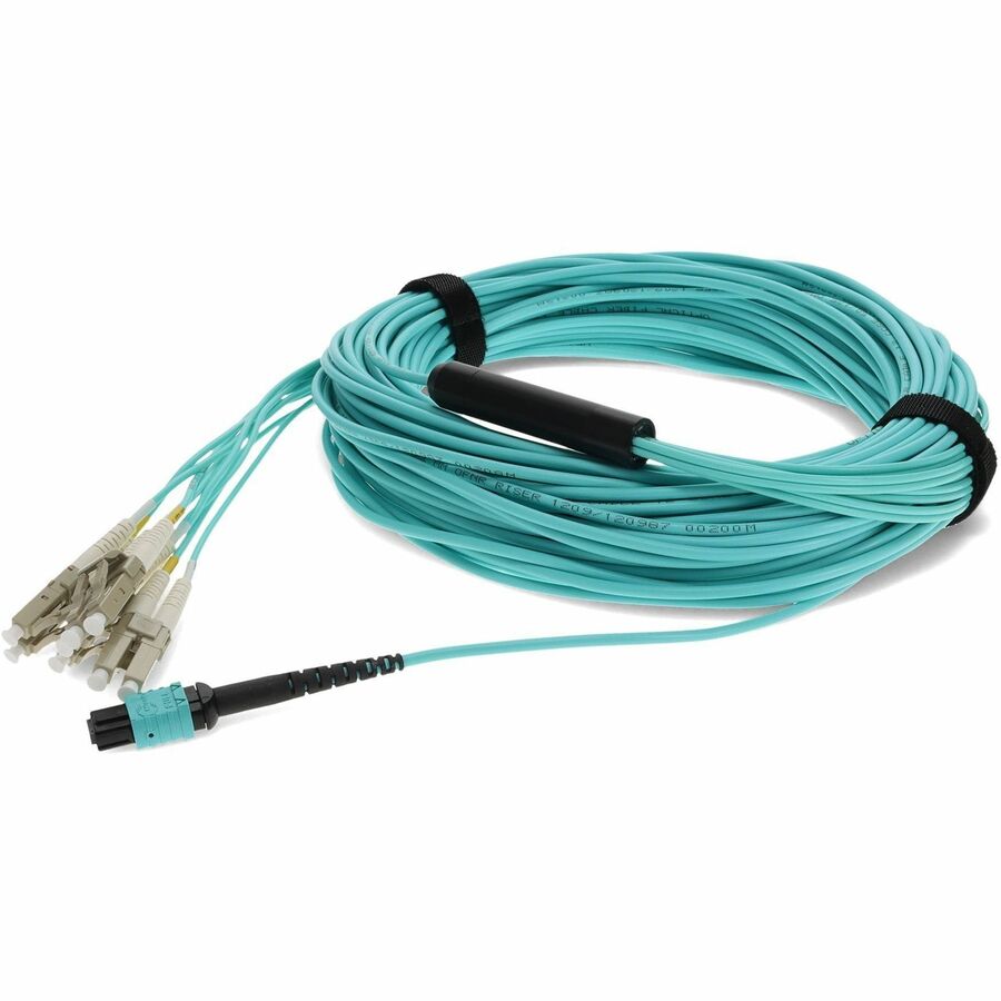 AddOn 15m MPO/UPC to 4xLC/UPC Duplex Aqua OM4 OFNR (Riser-Rated) 8-Strand Fiber Fanout Cable, MMF (Multi Mode), 50/125