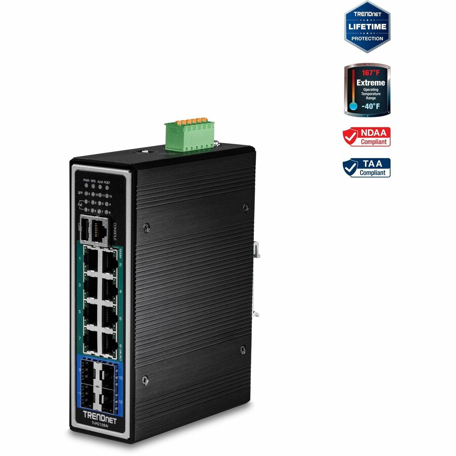 TRENDnet 12-Port Hardened Industrial Gigabit PoE+ Layer 2+ Managed DIN-Rail Switch, TI-PG1284i, 240W Power Budget, IP30 Rated, Ethernet Splitter, NDAA & TAA Compliant, Lifetime Protection, Black