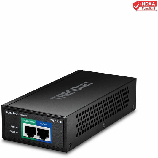 TRENDnet Gigabit PoE++ Injector, Supplies PoE (15.4W), PoE+ (30W), or PoE++ (60W), Network A PoE Device Up To 100m(328 ft), Supports IEEE 802.3af,802.at, Plug & Play, Black, TPE-117GI