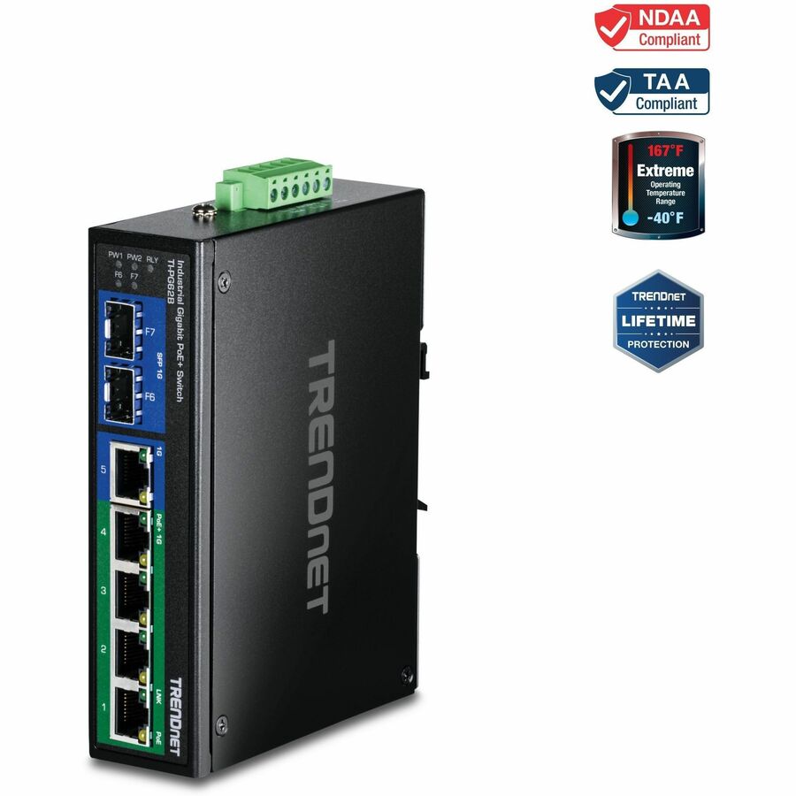 TRENDnet 6-Port Hardened Industrial Unmanaged Gigabit 10/100/1000Mbps DIN-Rail Switch, 4 x Gigabit PoE+ Ports, 2 x Dedicated SFP Slots, Lifetime Protection, Black, TI-PG62B