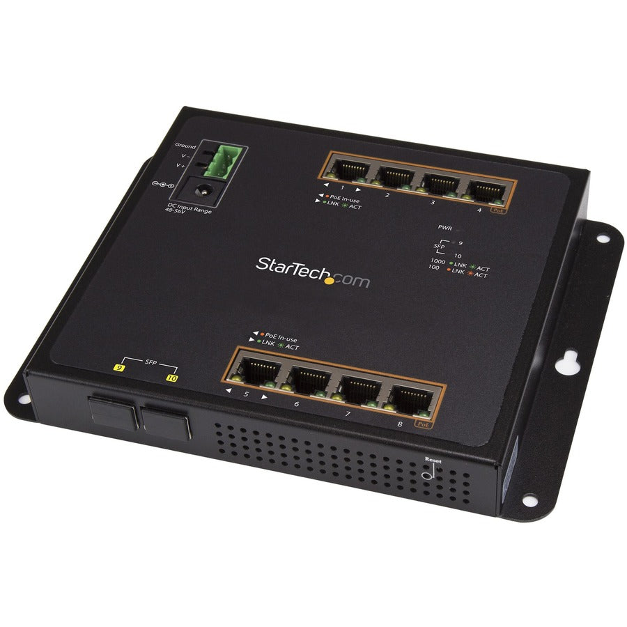 StarTech Industrial 8 Port Gigabit PoE+ Switch w/2 SFP MSA Slots 30W Layer/L2 Switch Managed Ethernet Network Switch, -40C to 75C, TAA