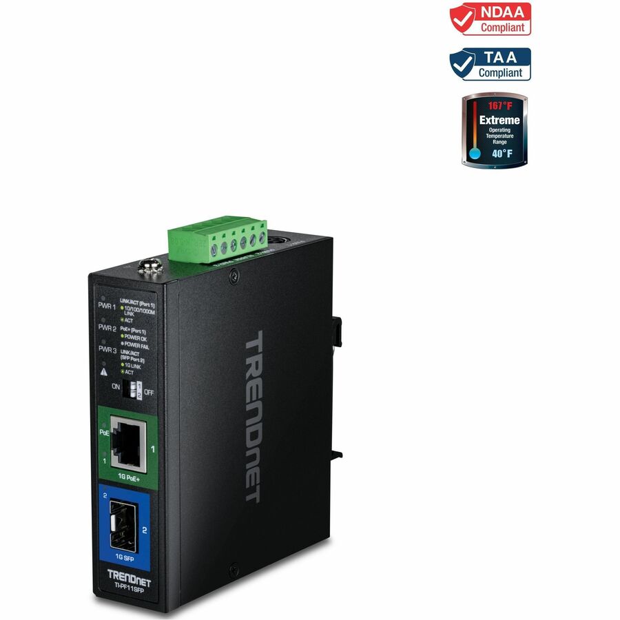 TRENDnet Industrial SFP to Gigabit PoE+ Media Converter, TI-PF11SFP, NDAA + TAA Compliant, IP50 Rated Housing, Up to 30W of Power, Multi or Single Mode Fiber