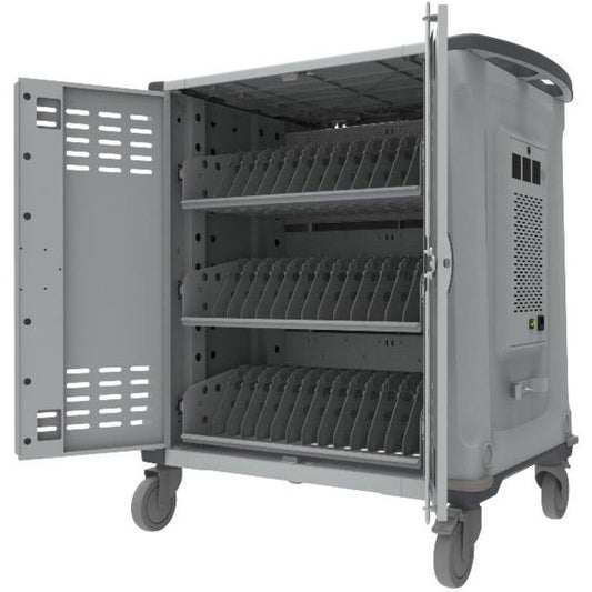 Rocstor Volt&reg; C42 Charging Cart with Intelligent Power Charging - Up to 42 Device Intelligent Power Charging Cart for Notebooks, Chromebook&reg;, MacBook&reg;, and Macbook&reg; Pro- 3 Slide-out shelves - Push Handle - 4 Heavy Duty 5" Casters - Steel C