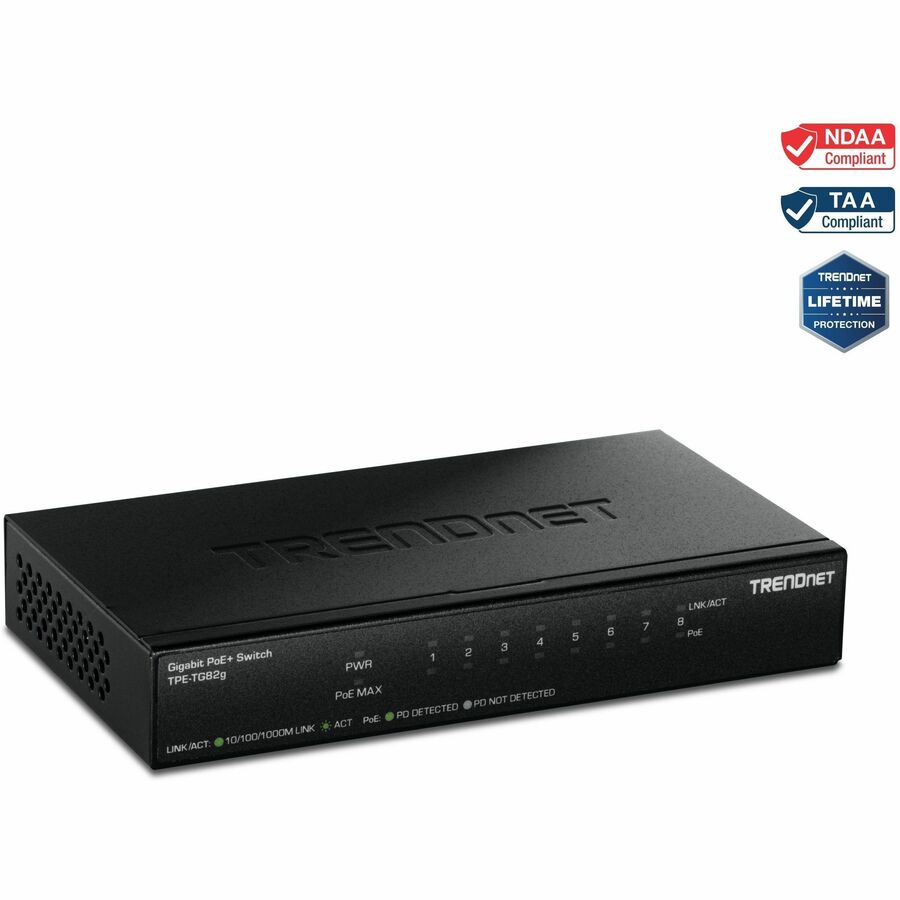 TRENDnet 8-Port Gigabit PoE+ Switch, TPE-TG82G, 65W Budget, 16Gbps Switching Capacity, Ethernet Splitter, NDAA & TAA Compliant, Black