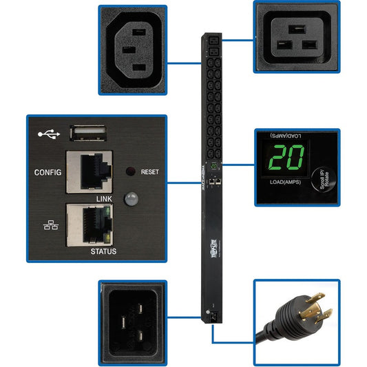 Tripp Lite by Eaton PDU 3.7kW Single-Phase 208/230V Monitored PDU - LX Platform 18 C13 2 C19 Outlets C20 / L6-20P Inputs 0U 900mm Height TAA