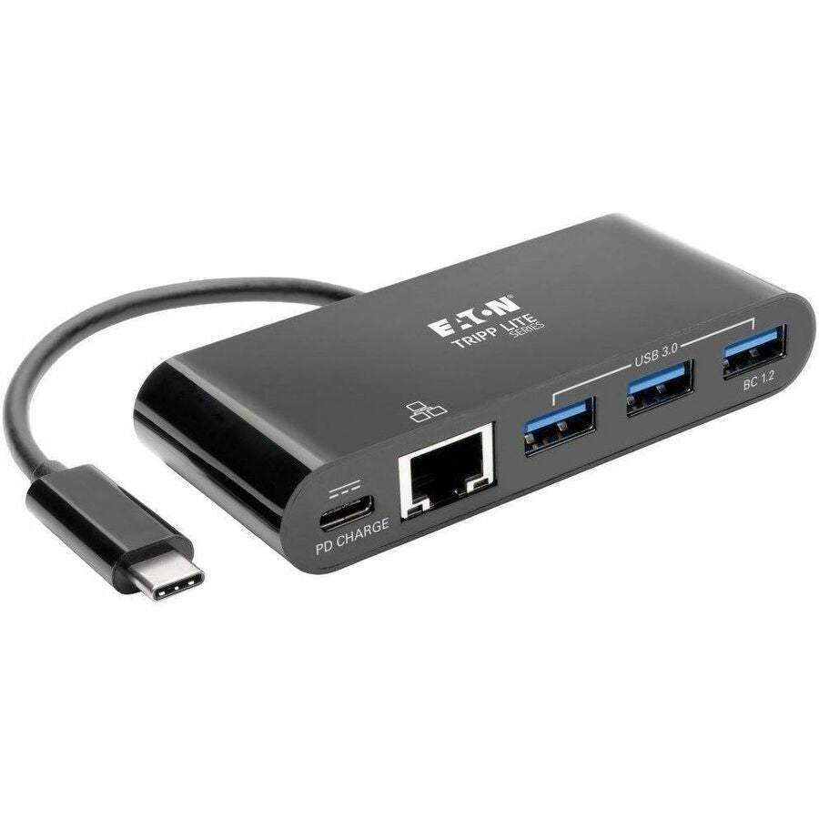 Tripp Lite by Eaton 3-Port USB-C Hub with LAN Port and Power Delivery USB-C to 3x USB-A Gbe 60W PD Charging USB 3.0 Black