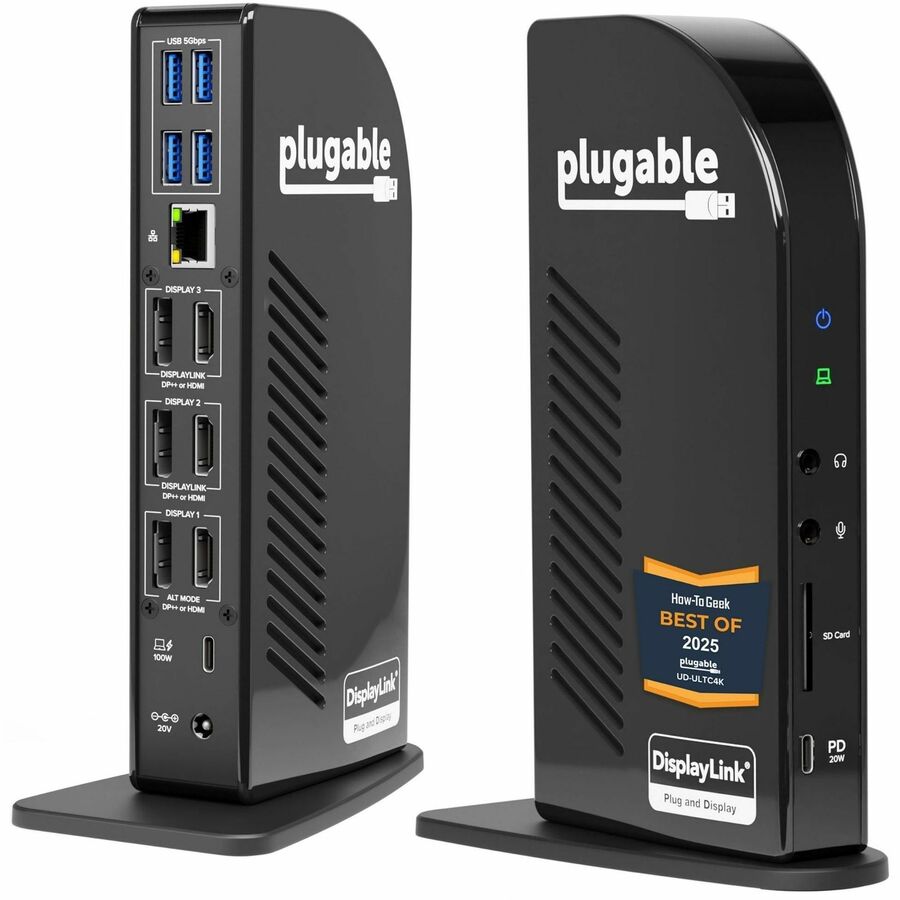 Plugable 4K USB C Docking Station Triple Monitor with 100W Power Delivery, USB C Dock for Thunderbolt 3/4, and USB-C Windows and Mac