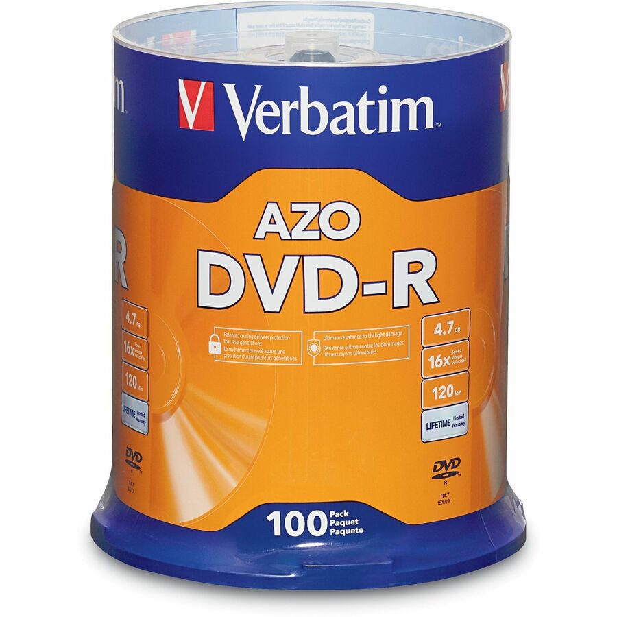 VERBATIM AZO DVD-R 4.7GB 16X WITH BRANDED SURFACE-100PK SPINDLE