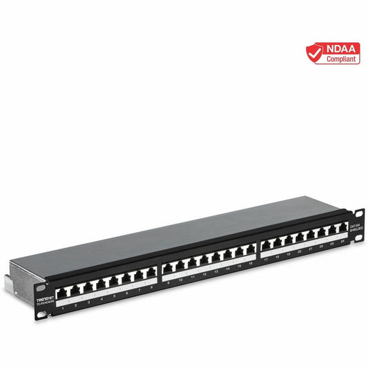 TRENDnet 24-Port Cat6A Shielded Patch Panel, 1U 19" Metal Housing, 10G Ready, Cat5e,Cat6,Cat6A Compatible, Cable Management, Color-Coded Labeling for T568A and T568B Wiring, Black, TC-P24C6AS