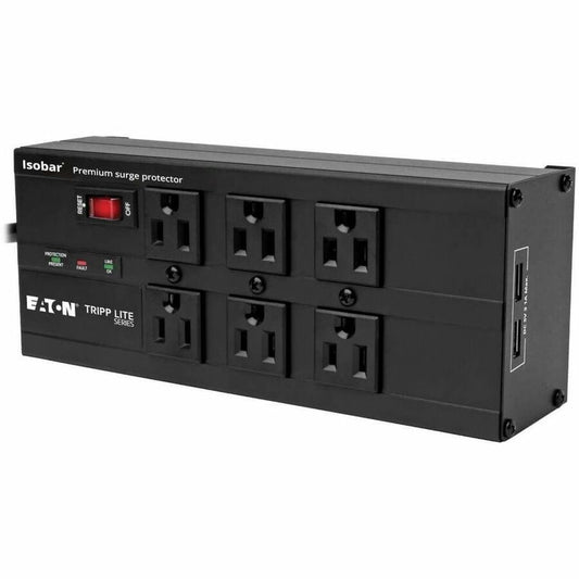 Eaton Tripp Lite Series Isobar 6-Outlet Surge Protector, 10 ft. (3.05 m) Cord, Right-Angle Plug, 3840 Joules, 2 USB Ports, Metal Housing
