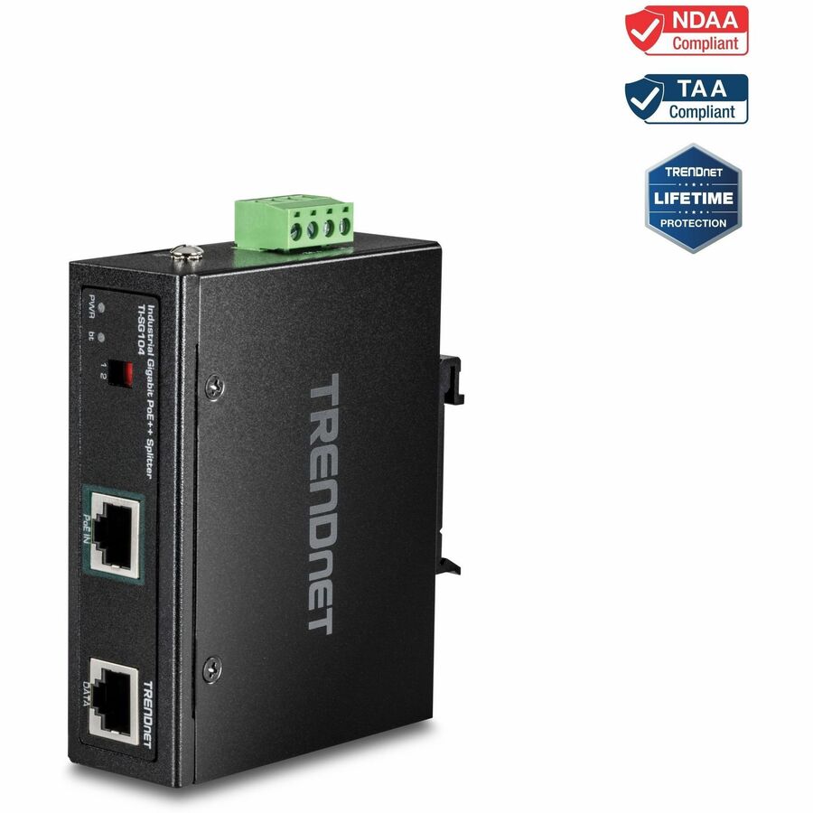 TRENDnet Industrial Gigabit PoE++ Splitter, TI-SG104, Extreme Temperature Range Ready,-40&deg; - 75&deg; C (-40&deg; - 167&deg;F), Power up to 2 Devices with PoE++ up to 100m (328ft.), Black