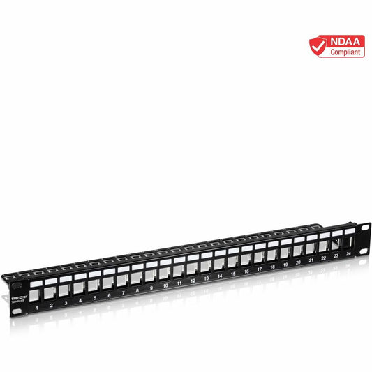 TRENDnet 24-Port Blank Keystone Shielded 1U Patch Panel, 1U 19" Rackmount Housing, Protects Against EMI/RFI Noise, Recommended With TC-K06C6A Cat6A Keystone Jacks (Sold Separately), Black, TC-KP24S
