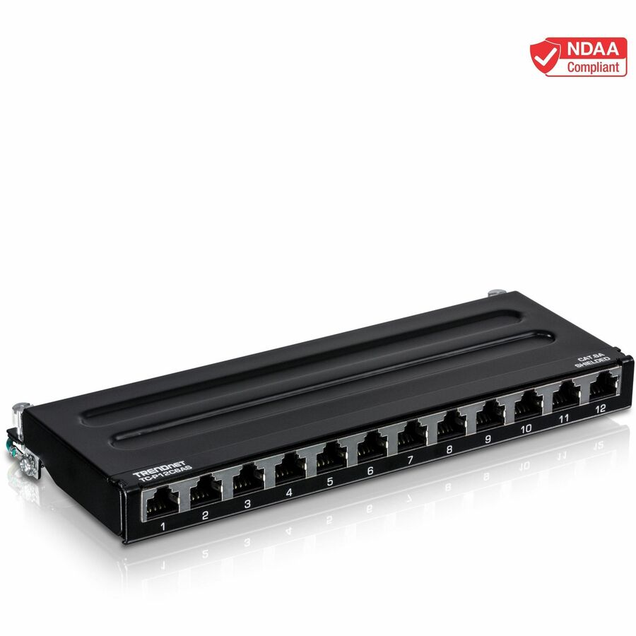 TRENDnet 12-Port Cat6A Shielded Patch Panel, 10G Ready, Cat5e,Cat6,Cat6A Compatible, Metal Housing, Color-Coded Labeling For T568A And T568B Wiring, Cable Management, Wall Mountable, Black, TC-P12C6AS