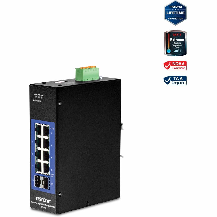 TRENDnet 10-Port Industrial Gigabit L2 Managed DIN-Rail Switch, TI-G102i, 8 X Gigabit, 2 X SFP Slots, DIN-Rail Mount, IP30, Ethernet Splitter, NDAA & TAA Compliant, Lifetime Protection, Black