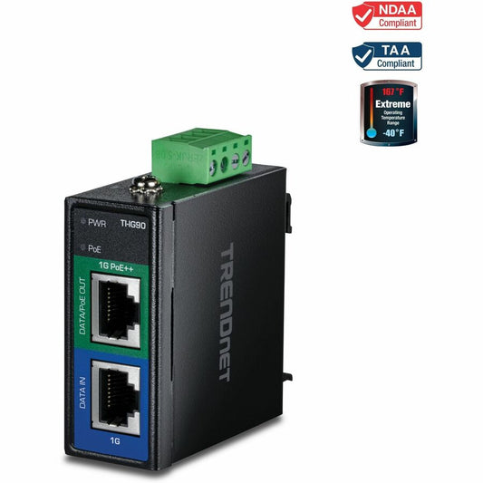 TRENDnet Industrial 95W Gigabit PoE++ Injector, TI-IG90, 1 x Gigabit Port, 1 x Gigabit PoE++ Port, Provides PoE (15.4W), PoE+ (30W), PoE++ (95W), NDAA & TAA Compliant