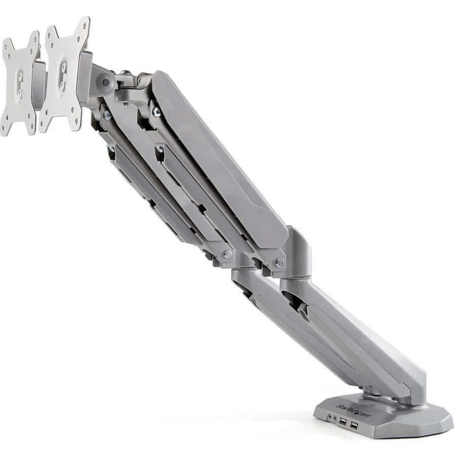 StarTech Desk Mount Dual Monitor Arm with USB & Audio, Desk Clamp Ergonomic VESA Mount for up to 32" (17.6lb/8kg) Displays, Silver