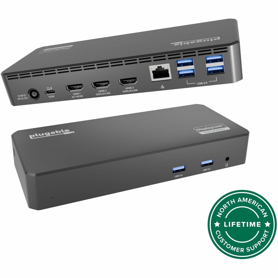 Plugable USB C Triple Display Docking Station | 100W PD, 3x HDMI (1x 4K 30Hz, 2x 1080p 60Hz), 6x USB 5Gbps Ports