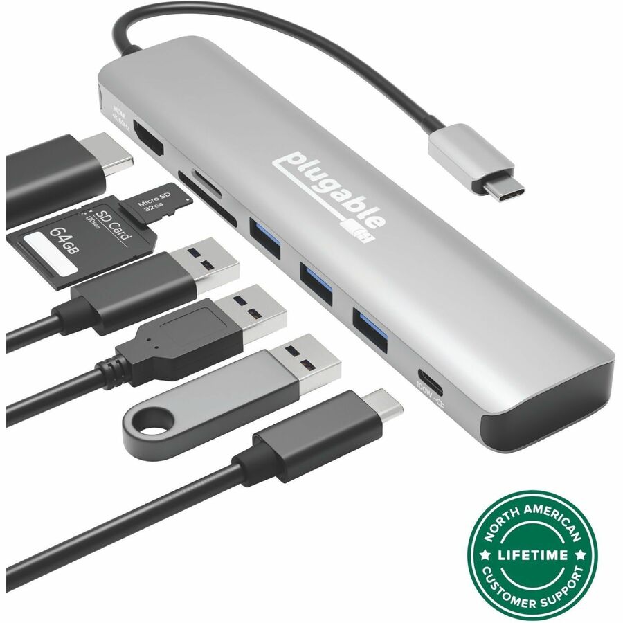 Plugable USB-C Hub 7-in-1, Driverless USB C Hub - 4K 60Hz HDMI for Single Display, 3 USB 3.0, SD & microSD Card Reader, 100W Charging