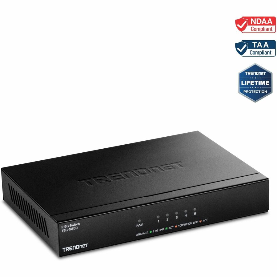 TRENDnet 5-Port 2.5Gb Multi-Gigabit Unmanaged Gaming Switch, TEG-S350, 5 x 2.5GBASE-T Ports, 25Gbps Switching Capacity, Ethernet Splitter, NDAA & TAA Compliant, Fanless, Lifetime Protection, Black