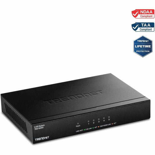 TRENDnet 5-Port 2.5Gb Multi-Gigabit Unmanaged Gaming Switch, TEG-S350, 5 x 2.5GBASE-T Ports, 25Gbps Switching Capacity, Ethernet Splitter, NDAA & TAA Compliant, Fanless, Lifetime Protection, Black