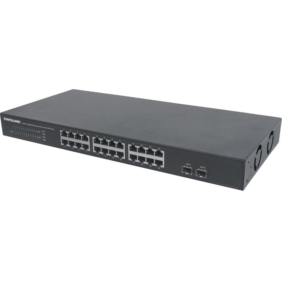24-Port Gigabit Ethernet Switch with 2 SFP Ports, 24 x 10/100/1000 Mbps RJ45 Ports + 2 x SFP, IEEE 802.3az (Energy Efficient Ethernet), 19" Rackmount, Metal