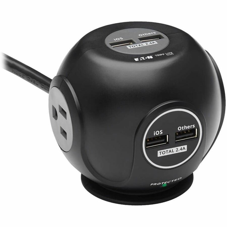 Eaton Tripp Lite Series 3-Outlet Spherical Surge Protector, 4 USB Ports (4.8A Shared) - 6 ft. (1.83 m) Cord, 5-15P Plug, 540 Joules, Black