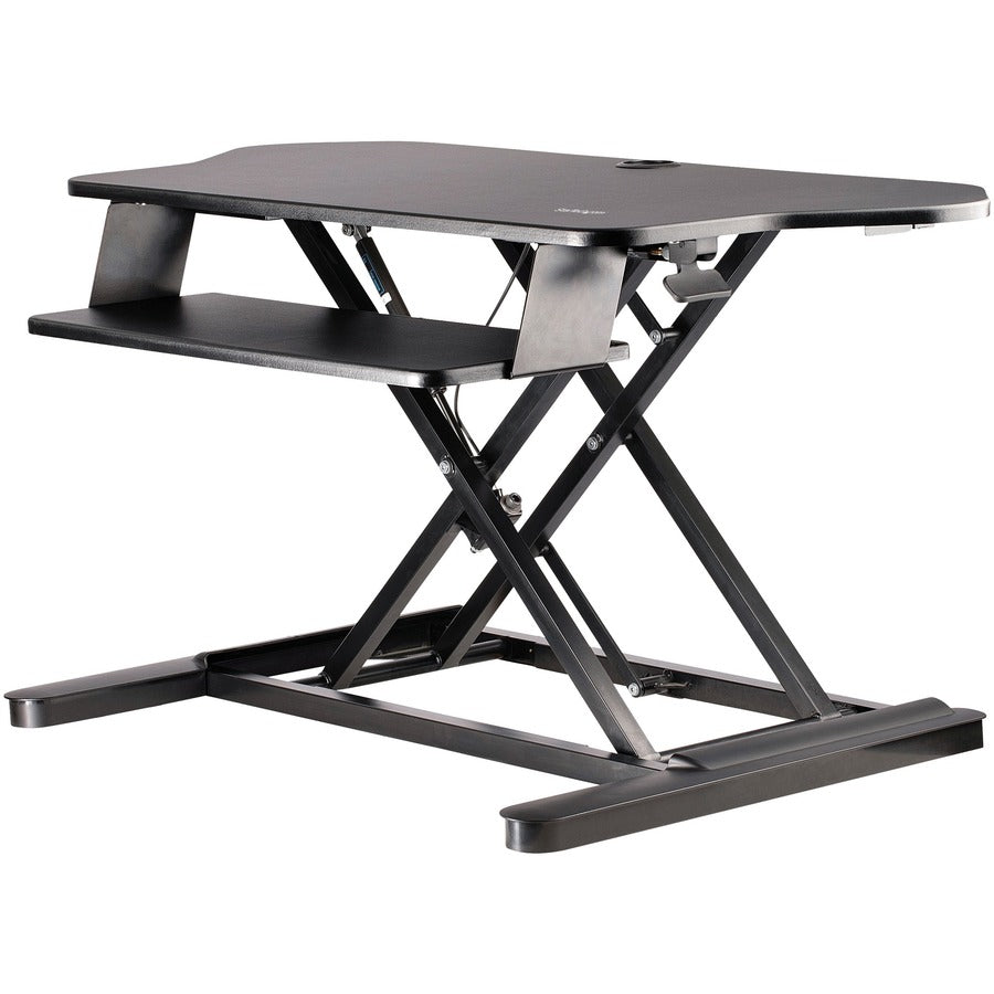 StarTech Corner Sit Stand Desk Converter, Keyboard Tray, 35"x21" Surface, Height Adjustable Ergonomic Tabletop Standing Desk, TAA