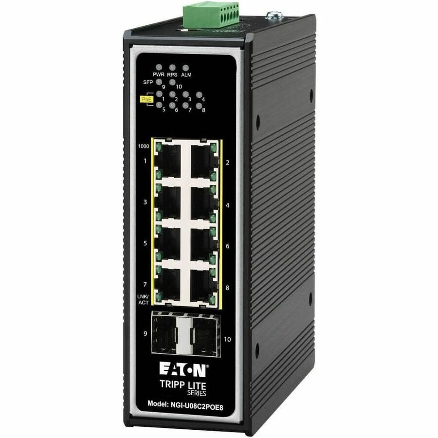 Tripp Lite by Eaton 8-Port Unmanaged Industrial Gigabit Ethernet Switch 10/100/1000 Mbps PoE+ 30W 2 GbE SFP Slots -40&deg; to 75&deg;C DIN Mount