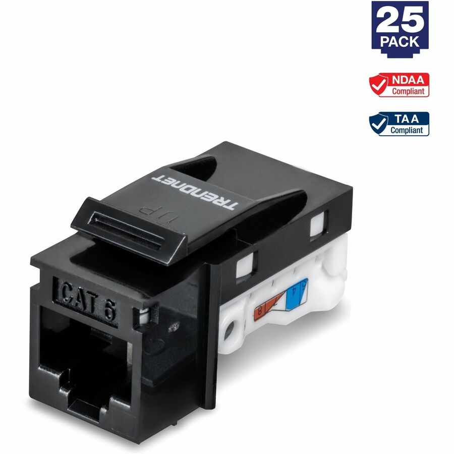 TRENDnet Cat6 Keystone Jack, 25-Pack Bundle, 90&deg; Angle Termination, Compatible with Cat5, Cat5e, & Cat6 Cabling, Color-Coded Labeling for T568B Wiring, Gold-Plated Contacts, Black, TC-K25C6BK