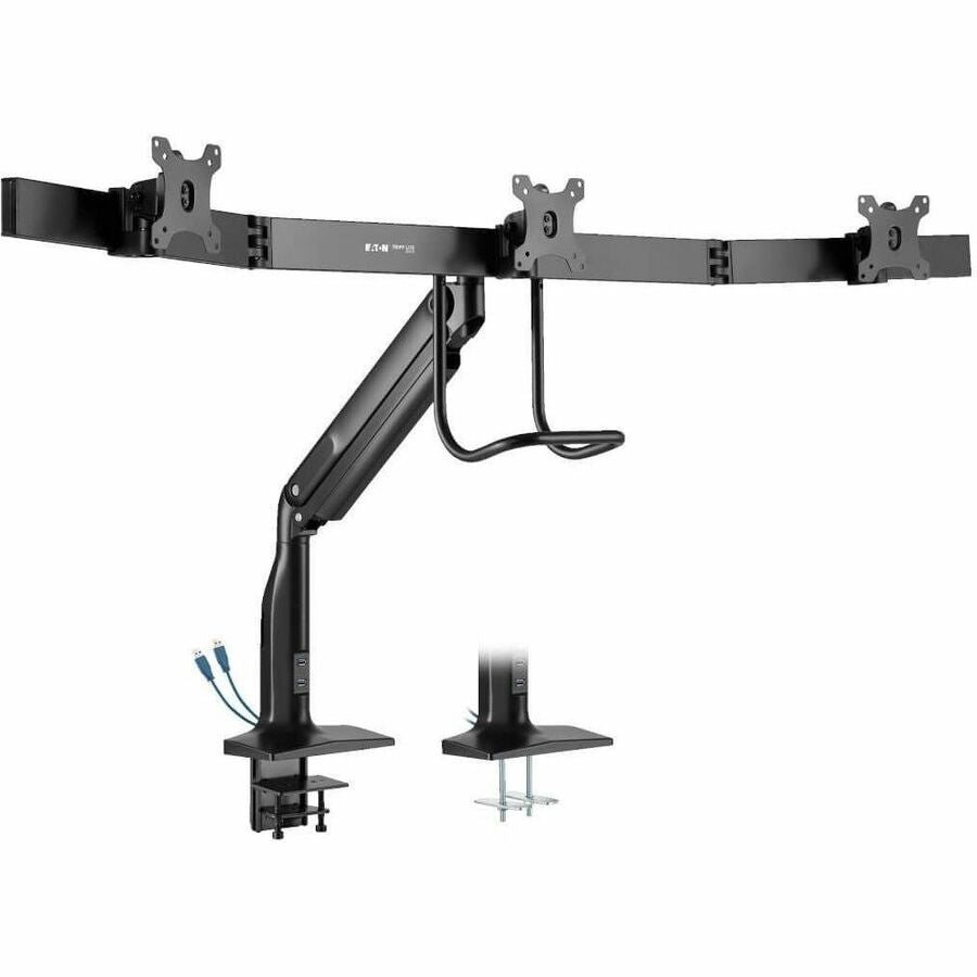 Eaton Tripp Lite Series Safe-IT Precision-Placement Triple-Display Desk Clamp/Grommet with premium gas spring arm and Antimicrobial Tape for 17˘ to 32˘ Displays