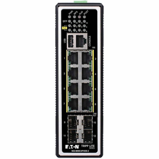 Tripp Lite by Eaton 8-Port Managed Industrial Gigabit Ethernet Switch - Layer 2, 1 Gbps, PoE+ 30W, 4 GbE SFP Ports, -40&deg; to 75&deg;C, DIN Mount