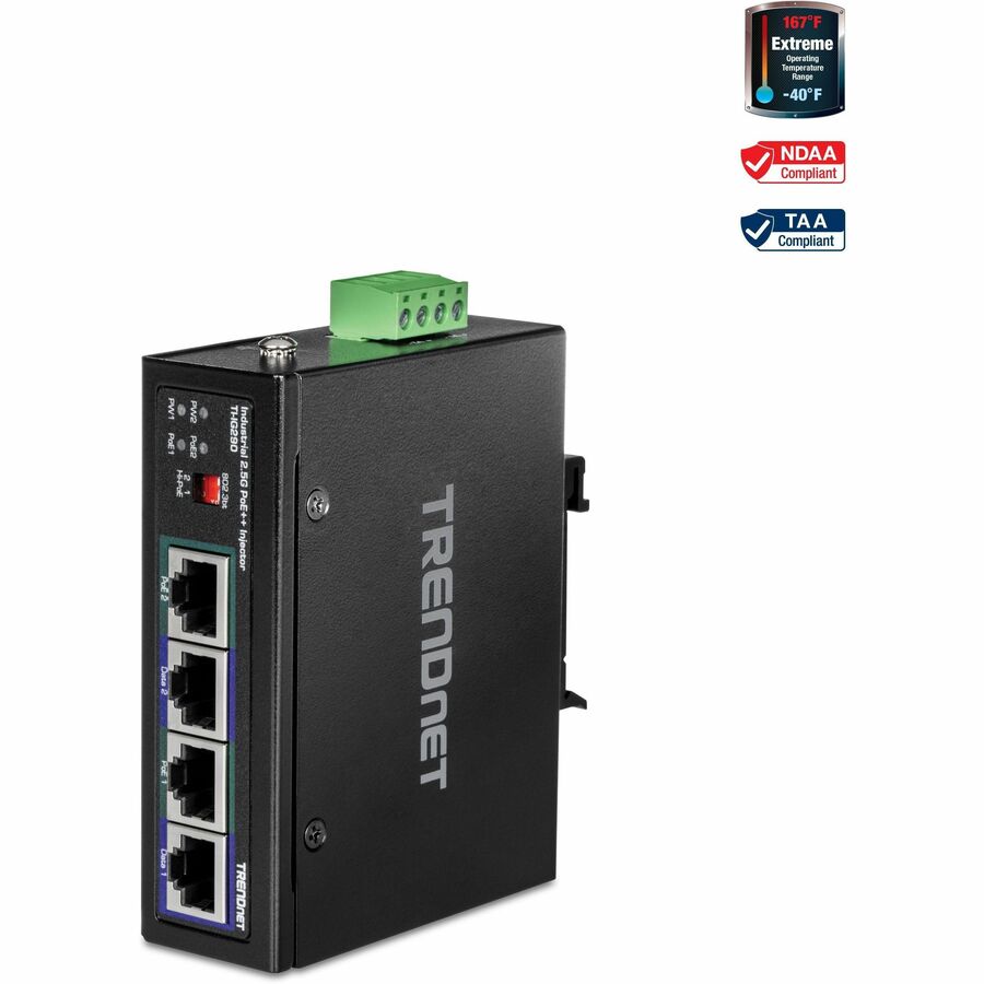 TRENDnet 95W 2-Port Industrial 2.5G PoE++ Injector, Supports PoE IEEE 802.3af, PoE+ IEEE 802.3at, And PoE++ IEEE 802.3bt, Not Compatible With Passive PoE Devices, Black, TI-IG290