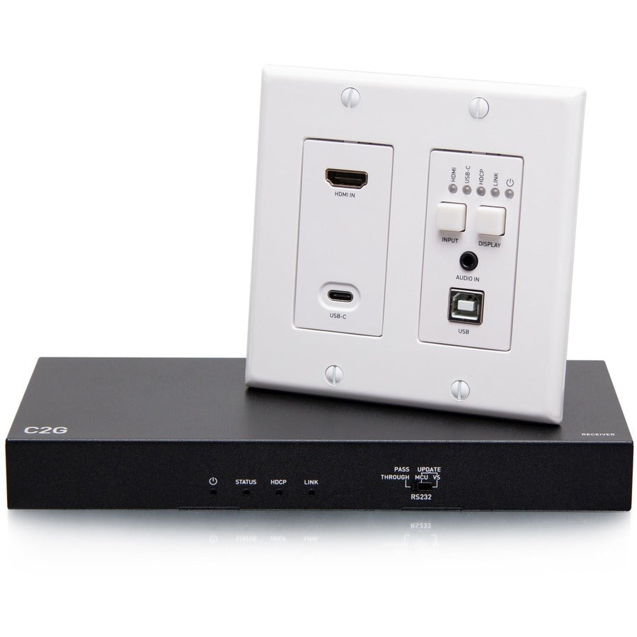 C2G HDMI HDBaseT + USB-C, 3.5mm, and USB-B to A over Cat Extender Wall Plate Transmitter to Box Receiver - 4K 60Hz
