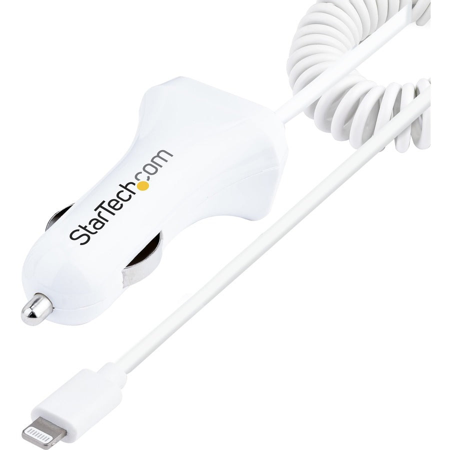 StarTech Lightning Car Charger with Coiled Cable, 1m Built-in Cable, 12W, White, 2 Port USB Car Charger Adapter, In Car iPhone Charger