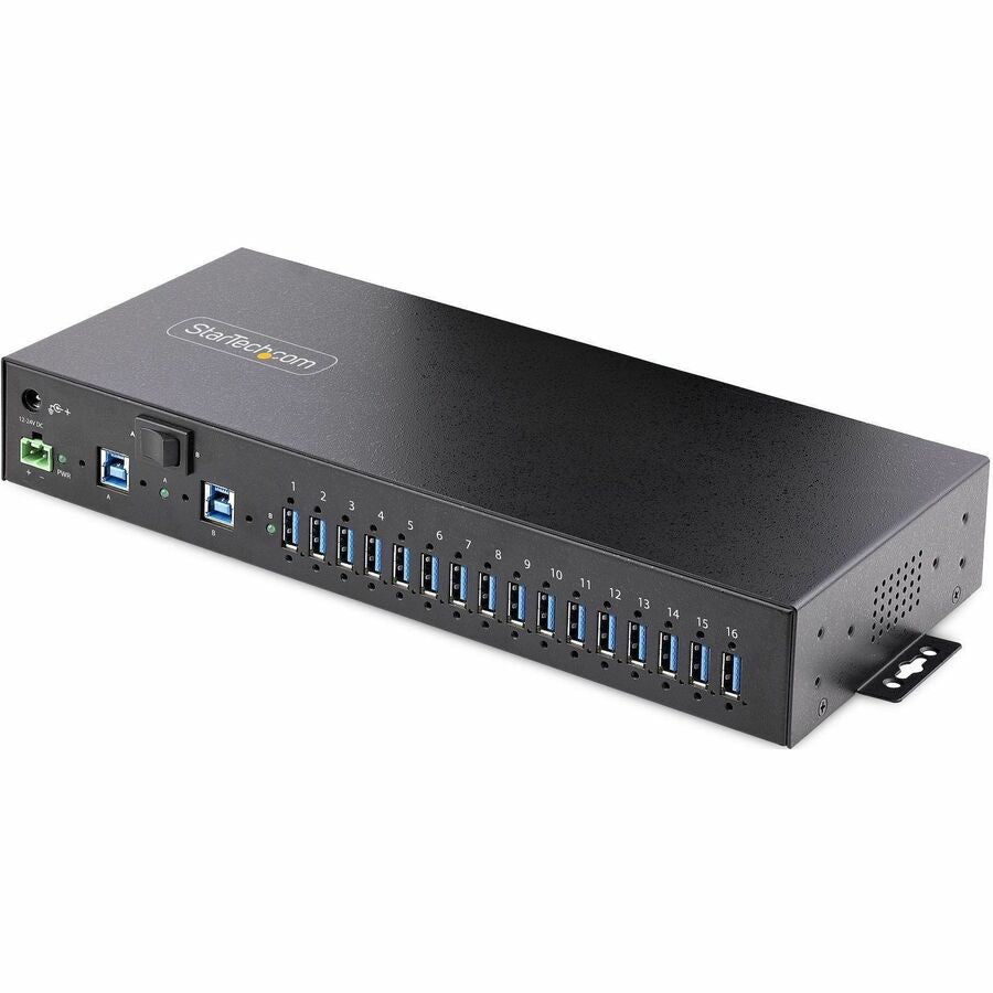StarTech 16-Port Industrial USB 3.0 Hub 5Gbps, Mountable, Terminal Block Power Up to 120W Shared, USB Charging, Dual-Host Switch, TAA