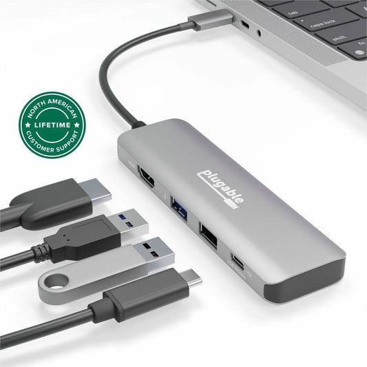 Plugable USB C Hub Multiport Adapter, 4 in 1, 100W Pass Through Charging USB C to HDMI 4K 60Hz