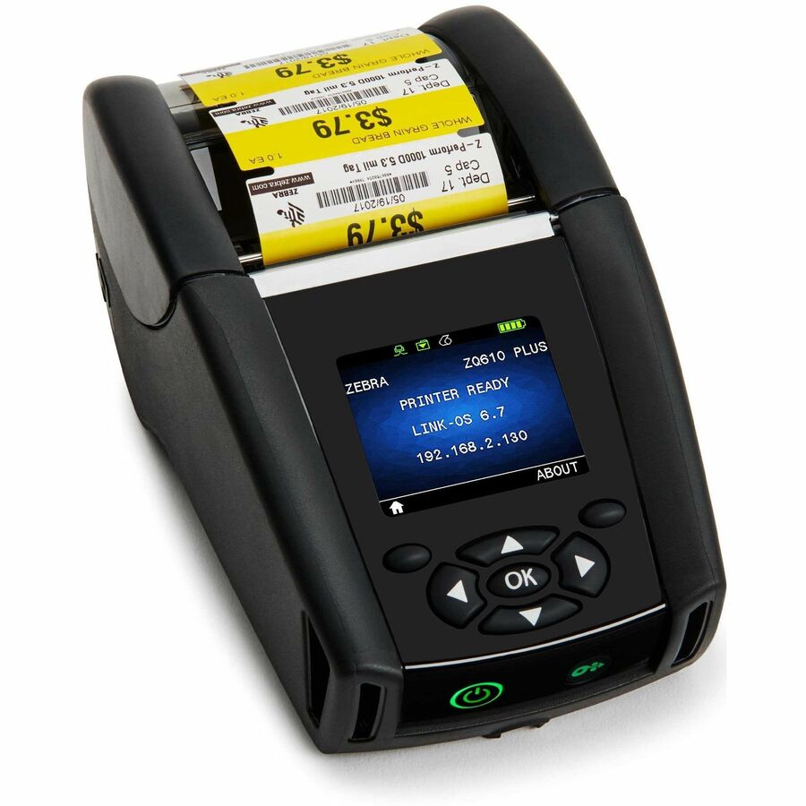 Zebra ZQ610 Plus Healthcare, Retail, Manufacturing, Warehouse, Transportation & Logistic, Mobile Direct Thermal Printer - Monochrome - Label/Receipt Print - Fast Ethernet - USB - USB Host - Bluetooth 4.2 - IEEE 802.11ac Wireless LAN - Battery Included - W