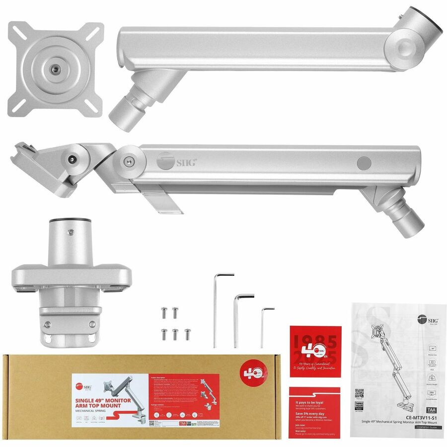SIIG MTPRO Heavy Duty Desk Mount Single Monitor Arm - Up to 49"- Max load up to 44 lbs - VESA 75 & 100mm - TAA Compliant